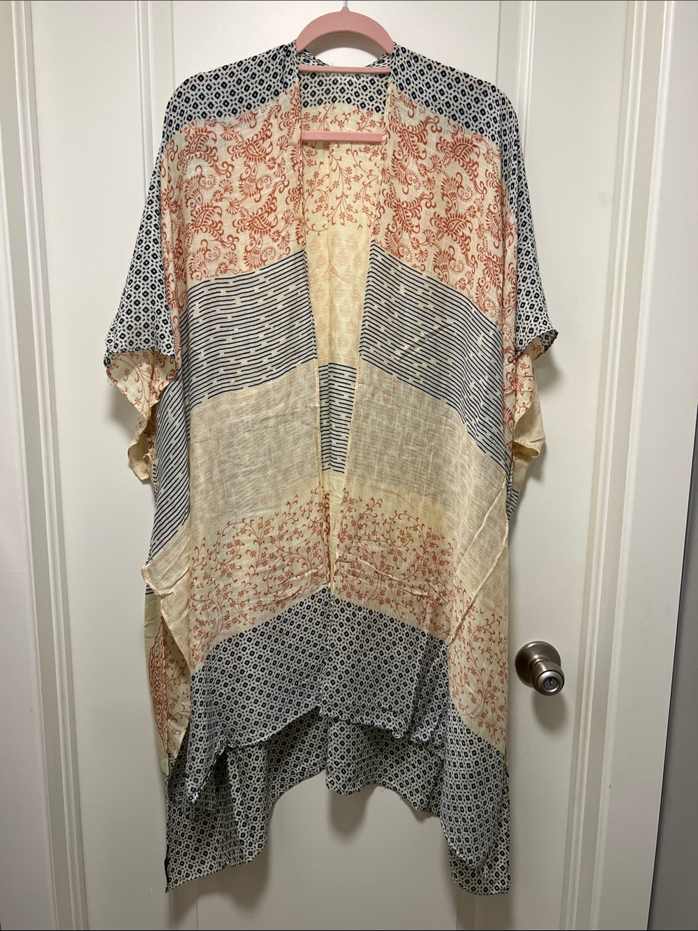 Printed Open-Front Kimono Shrug in Cream, Navy & Rust